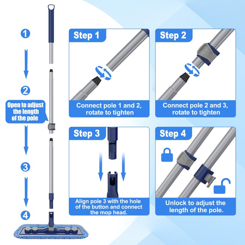 FORSPEEDER Microfiber Mops for Floor Cleaning - Dust Mop for Hardwood Floors with 55” Adjustable Handle 3 Thickened Washable Pads - Wet Dry Mopping for Pet Hairs Walls Tile Wood Laminate Home Kitchen