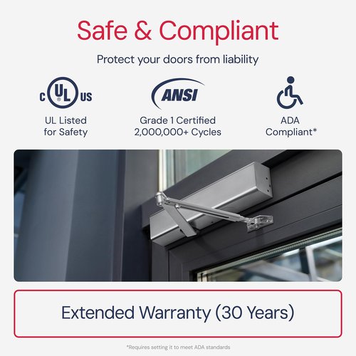 Lawrence Heavy Duty Door Closer Commercial Grade 1 - Adjustable 6-Speed Delayed-Action Door Control with 3 Pistons – Flexible Installation with Included Hardware - Embassy Series LH816