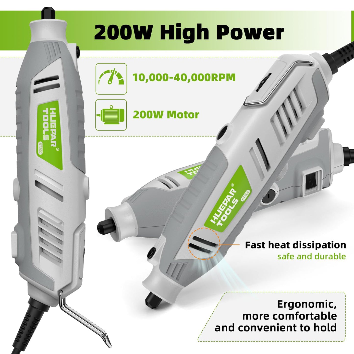Rotary Tool Kit, 200W 1.8 AMP Huepar Tools with Flex Shaft 239pcs Accessories include MultiPro Keyless Chuck, 6 Variable Speed 10000-40000RPM Electric Drill Set for Crafting Projects and DIY Creations