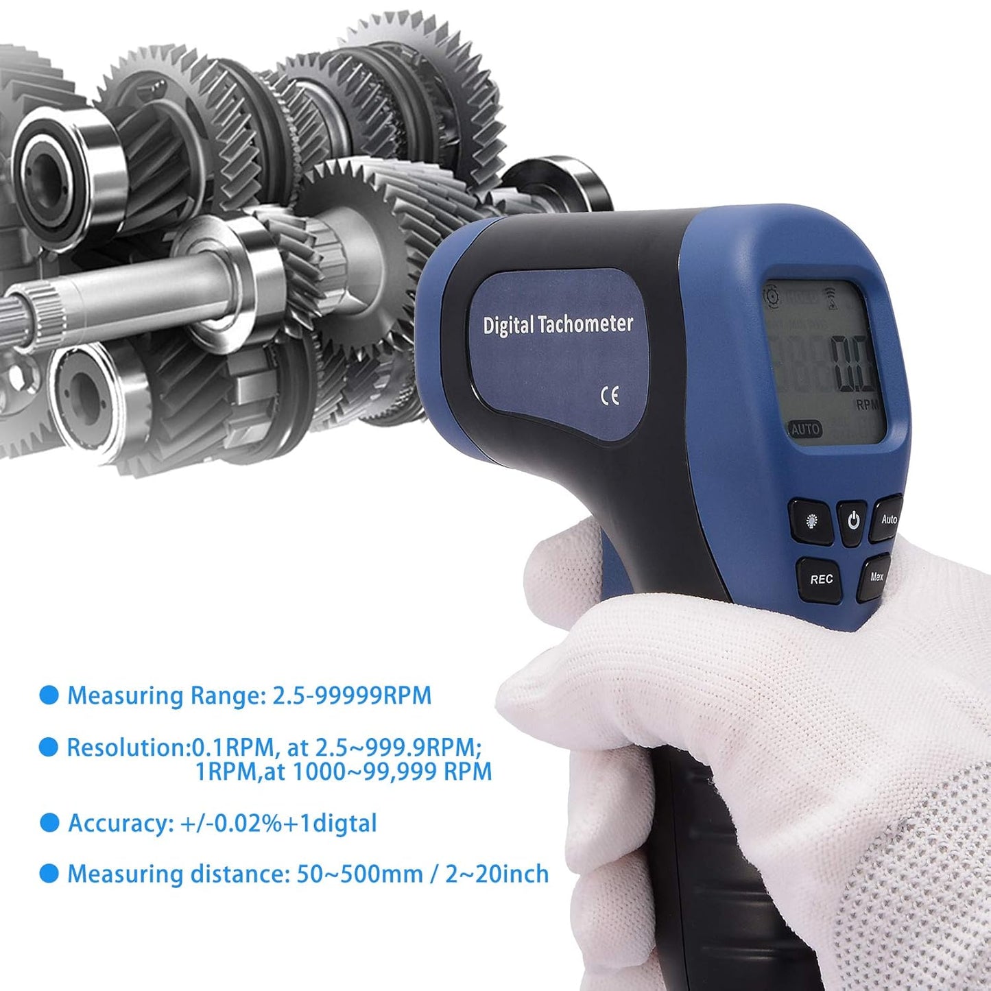 EHDIS Digital LCD Photo Tachometer Non-Contact RPM Meter Motor Speed Gauge Gun Style Includes 10 Reflective Tapes