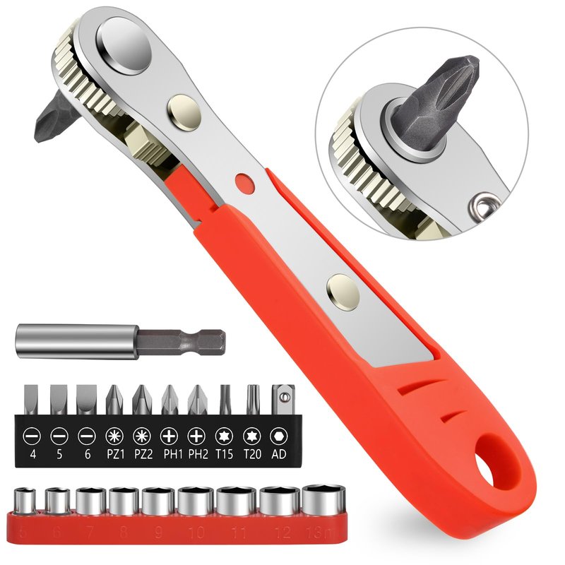 OSDUE Mini Ratchet Wrench Screwdriver Bit Set, 21 PCS Ratchet Screwdriver Set 1/4 Ultra Low Profile Micro Socket Set, High Torque Offset Reversible Screwdriver,w/Phillips, Hex for Tight Spaces