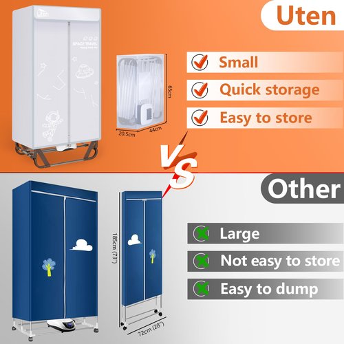 Uten Clothes Dryer, 1500W Power Electric Clothes Dryer Machine with Timer, 2-Tier Laundry Drying Wardrobe, Foldable Drying Rack for Travel, Apartments, RV, Home
