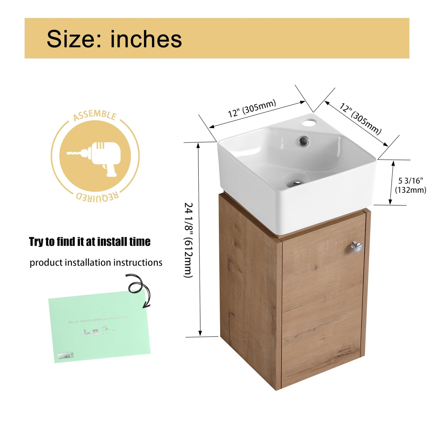 Malwee 12 Inch Wall-Hung Vanity, Corner Vanity, 12'' Floating Bathroom Vanity with Sink, with 1 Door and White Ceramic Basin Sink Top (045-12)