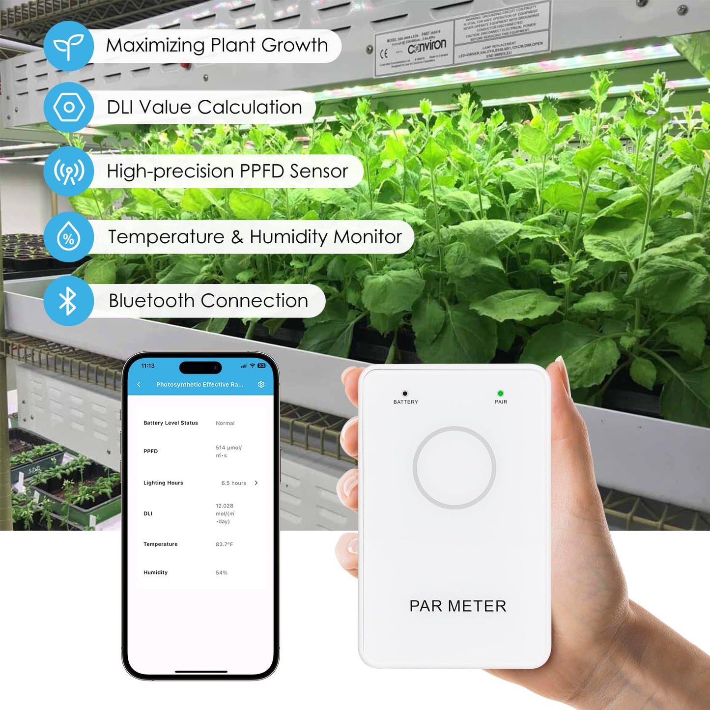 PAR Meter PPFD Recording, for LED Growth Light 400-700nm, DLI Calculator, Convenient Bluetooth Connection to Your Phone, for Grow Tents, Greenhouses, Agriculture