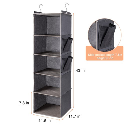 BOOMIBOO Hanging Closet Organize and Shelves,5-Hanging Shelf with 2 Side Pockets,Storage Foldable (Grey)