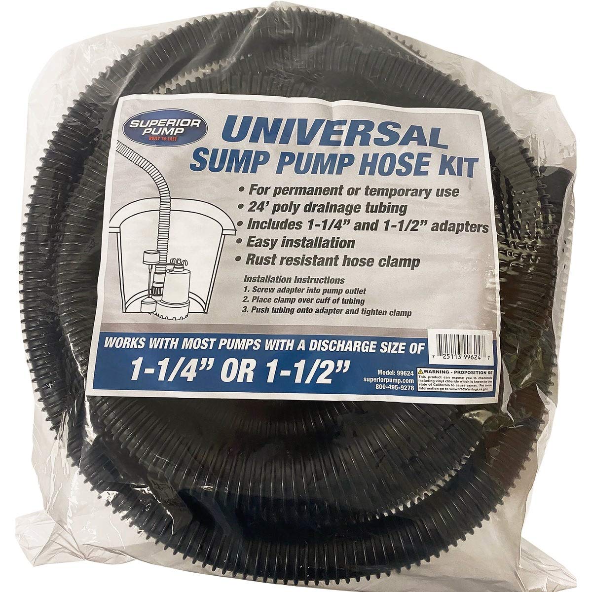 Superior Pump 99624 Universal Discharge Hose Kit, 24-Feet, with 1-1/4-Inch and 1-1/2-Inch Adapters