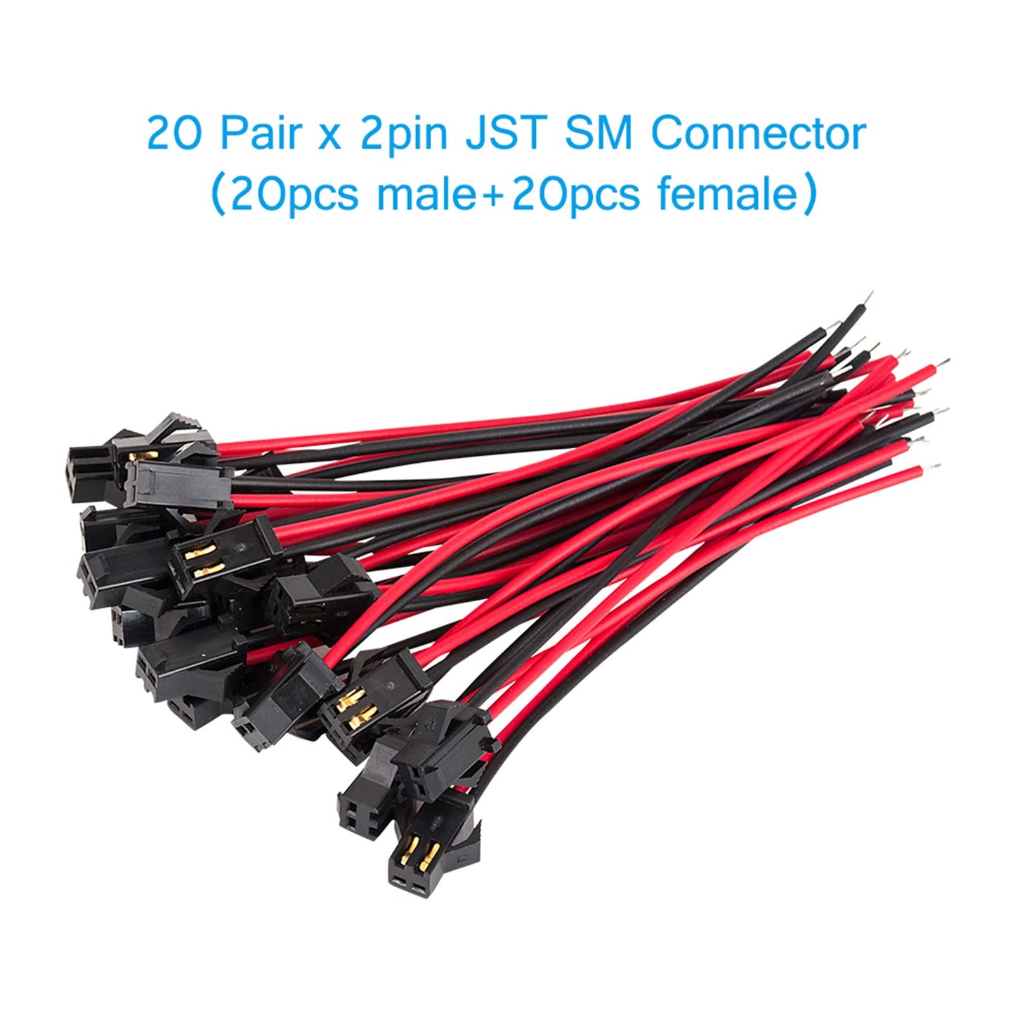 VANDESAIL JST SM Connector 40 Pack, SM 2Pin Jack Plug Male to Female Wire Connector Adapter Electrical Cable for LED Light Strip 20 Pairs 10CM (JST SM 2 Pin Connector)