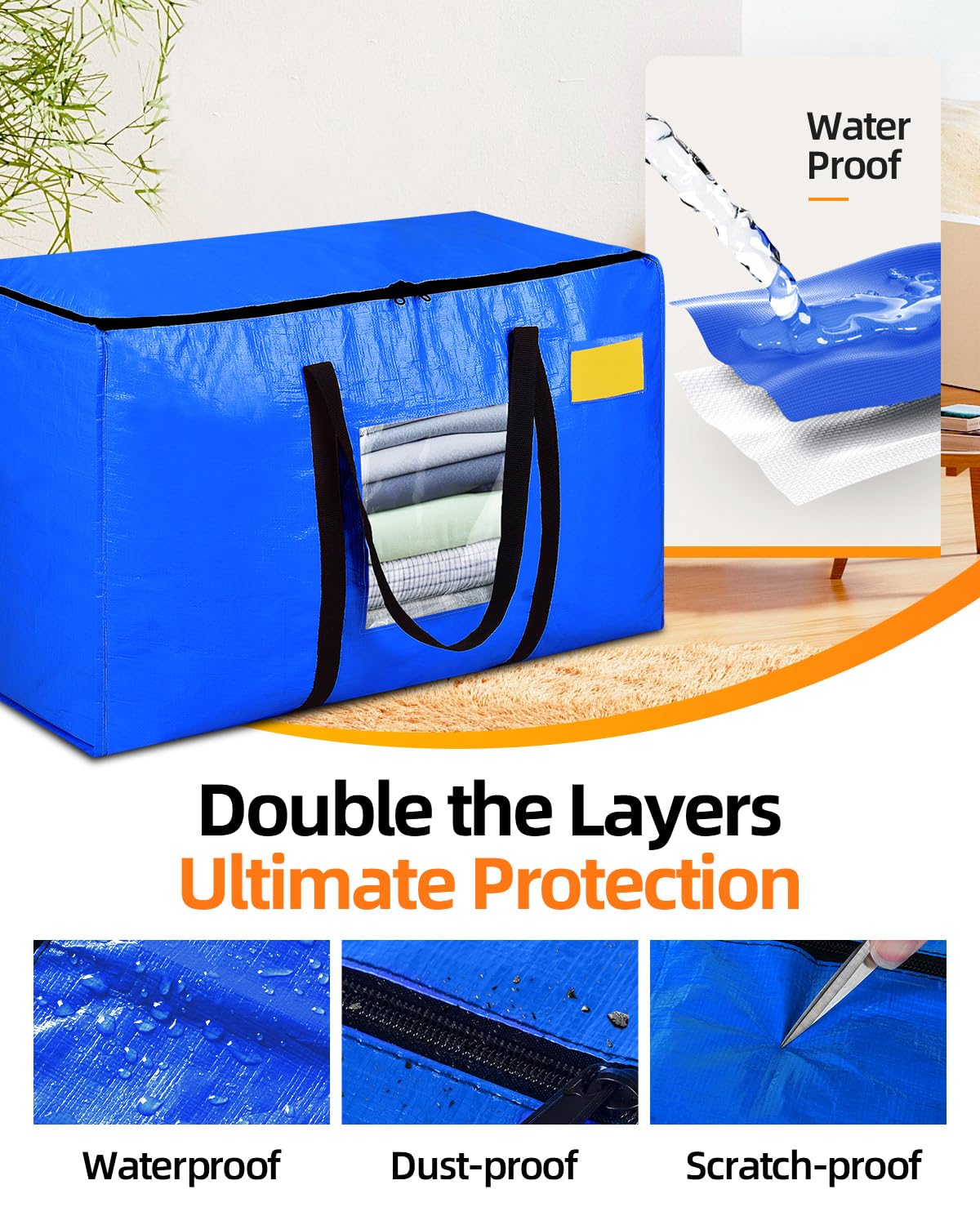AdeaBag Extra Large Moving Bags, 4 Pack Heavy Duty Storage Bags Boxes Bins Totes with Hnadles Zippers Visible Window for Clothes College Dorm Travel, Blue