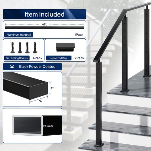 1 Pack 4FTx 2"x1" Aluminum Black Handrail with Nylon End Caps Self Drilling Screws, Rectangular Handrail Cuttable Flat Top Rail for Deck Stair Railing Indoor Outdoor Cable Railing System