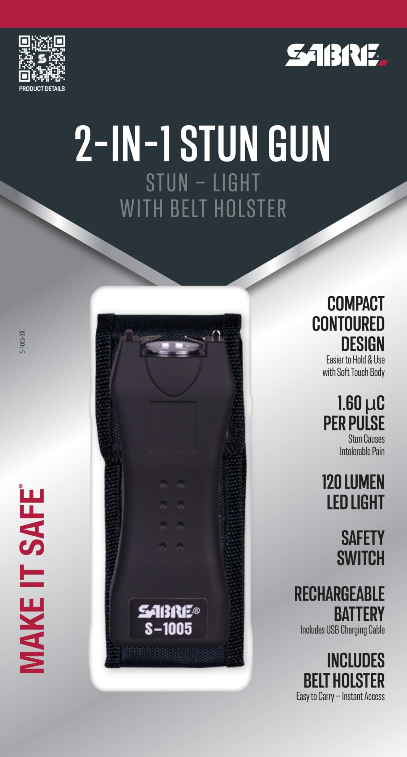 SABRE Stun Gun with Flashlight and Belt Holster, Emits 1.60 Powerful Pain Inducing Microcoulombs (µC) Charge, 120 Lumen LED Flashlight, Rubberized Grip, Compact Design, Rechargeable