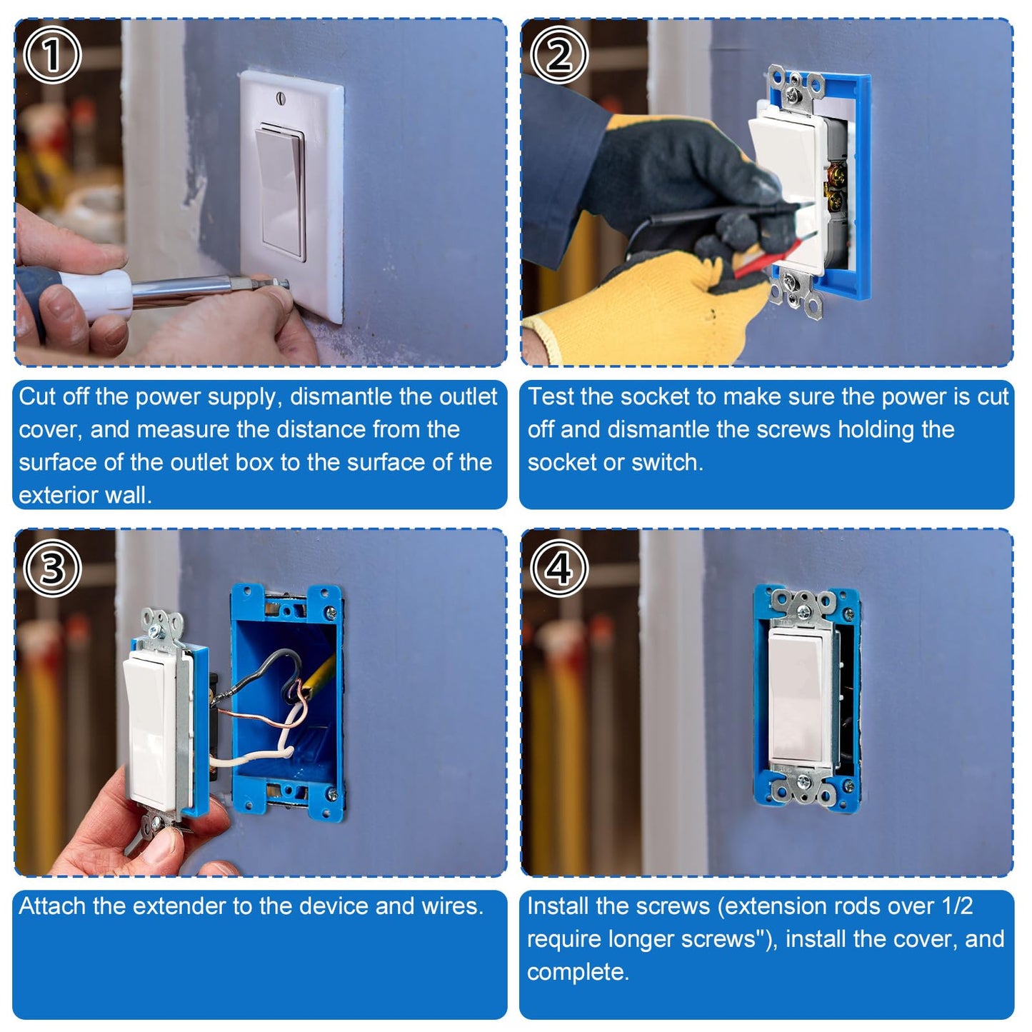 4pcs Electrical Box Extenders, 1/4" Receptacle Outlet Box Extenders Single Gang Box Extender with 8 Screws Outlet Box Extender for Electrical Box and Power Socket Switch (Thin Style)