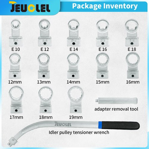 15PCS Universal Auxiliary Idler Belt Tensioner Pulley Removal Tool Kit, 12-Point 12-19mm (0.47"-0.74") Serpentine Belt Tension Pulley Wrench Set, Engine Timing Belt Tensioning Nut Bolt Screw Remover