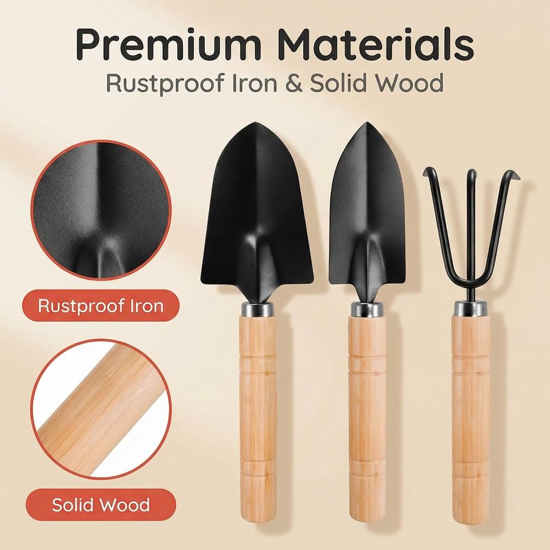 3PCS Small Garden Tools Set - Mini Garden Tools Set with Trowel, Shovel & Hand Rake Made of Rust-Resistant Iron & Solid Wood for Indoor Plants, Succulents, Bonsai, Potting & Repotting