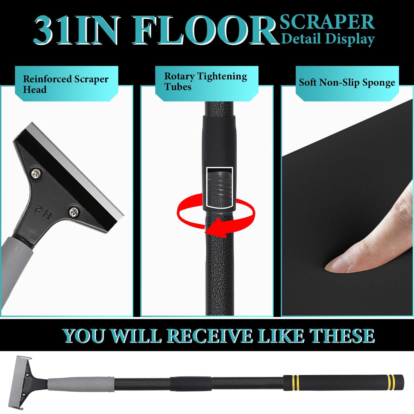 Frebuta Floor Scrapers Long Handle ,16 to 31In Heavy Duty 4 inch Razor Blades Scraper with 10PC Floor Blades Sponge Handle Iron Tube Scraper for Cleaning Quick and Easy Removal Price Stickers