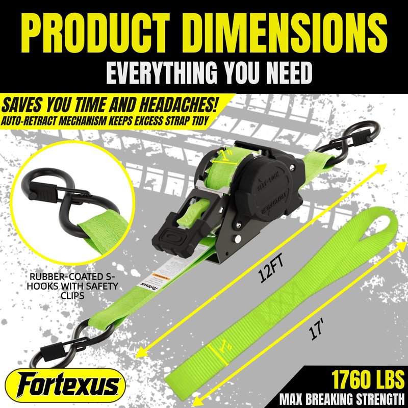 Fortexus Retractable Ratchet Straps,1'' x 12' Tie Downs Automatic Retractable Ratchet Straps 1760lb Break Strength for Trailer,Motorcycle,Scooter,Pickup Truck,UTV,Kayak(Neon Green,4 Pack)