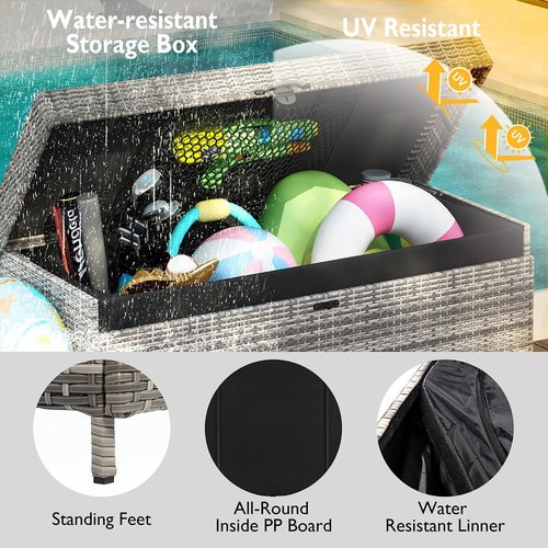 200 Gallon Large Lockable Wicker Deck Box with Wheels, Waterproof Outdoor Storage Box, Rattan Storage Bin for Patio Furniture, Outdoor Cushions, Pool Storage and Garden Tools (Grey)