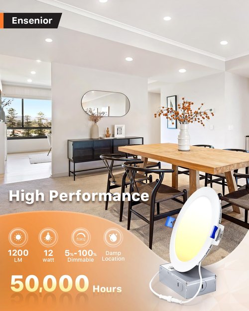 Ensenior 24 Pack 6 Inch LED Recessed Ceiling Light, Dimmable, 2700K-5000K 5CCT, 1200LM 12W 120V, High Brightness Canless Wafer Downlight - ETL&FCC&IC