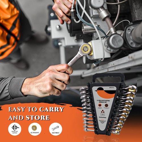 SUZUME 12-Piece Metric Ratcheting Wrench Set (8-19mm) 72T Cr-V 15K+ Cycle Locked Gears Nickel Plated & Organizer for Tight Engine Bays Auto Truck Motorcycle Bike Repair