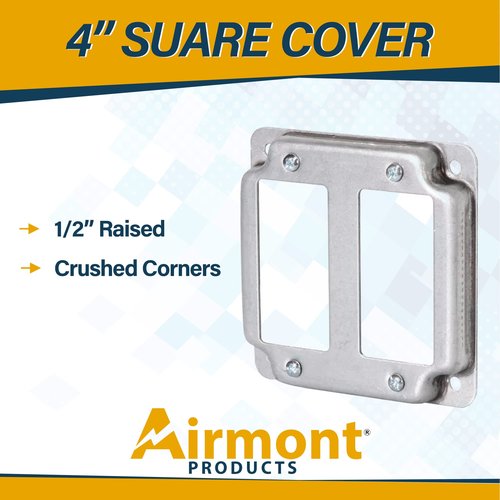 Airmont Products AP-12094, 4" Square Double Decora Switch Electrical Box Cover, 1/2" Raised, Exposed Work, Galvanized Steel, Crushed Corners, 2-Gang