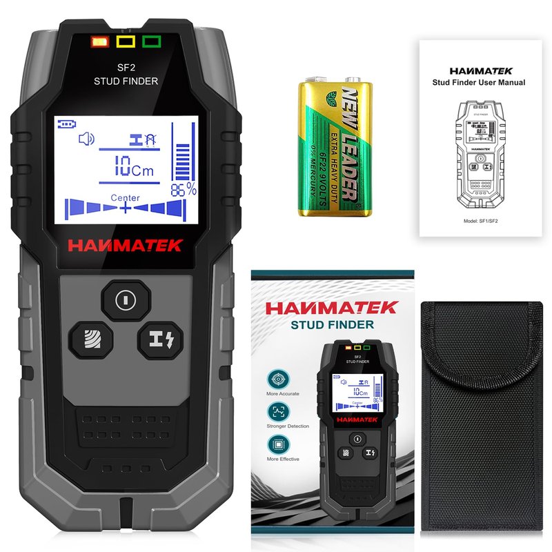 HANMATEK Stud Finder Wall Scanner - 5 in 1 Electronic Wall Wood Stud Finder,Audio Alarm and HD LCD Display with Updated Positioning Hole for Center and Edge of Wood AC Wire Metal Studs Joist Pipe