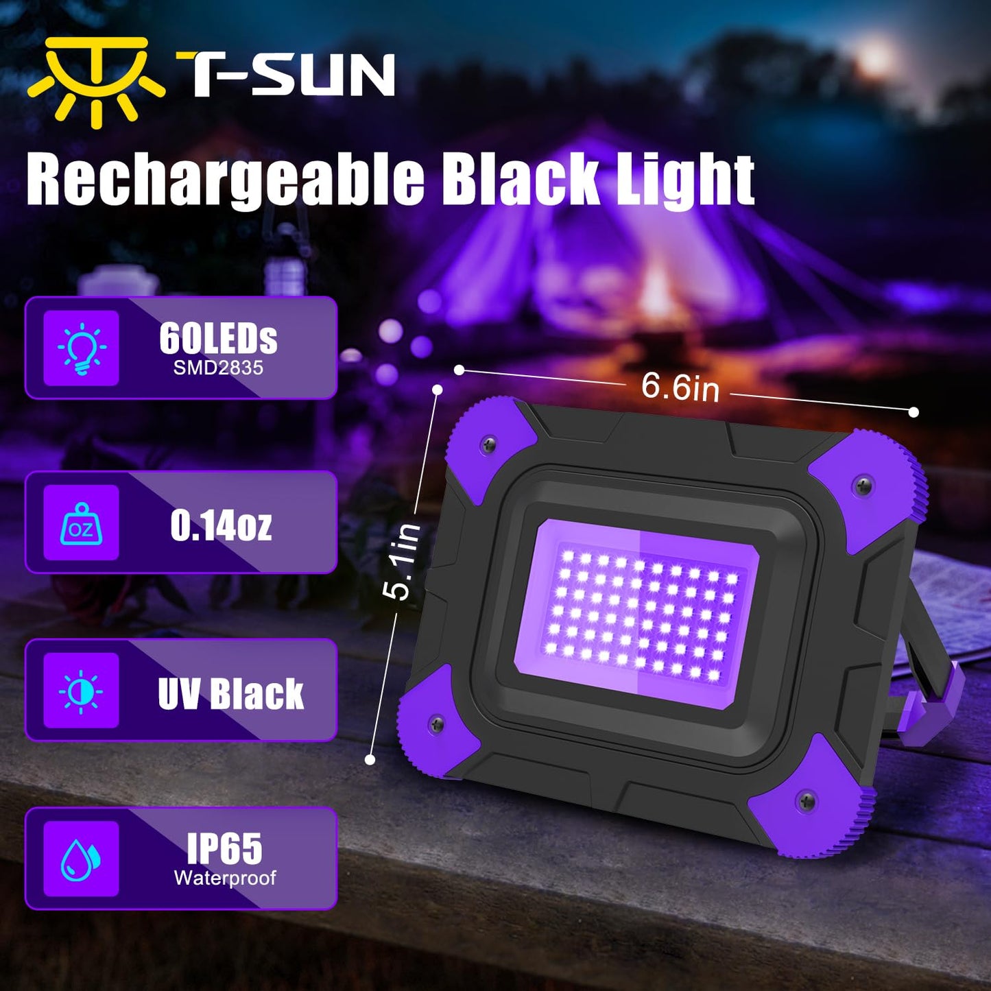 T-SUN Rechargeable Black Lights, Battery Powered Black Light for Fishing Portable Work Light for Glow Party Body Paint Fluorescent Poster Neon Party 2 Packs