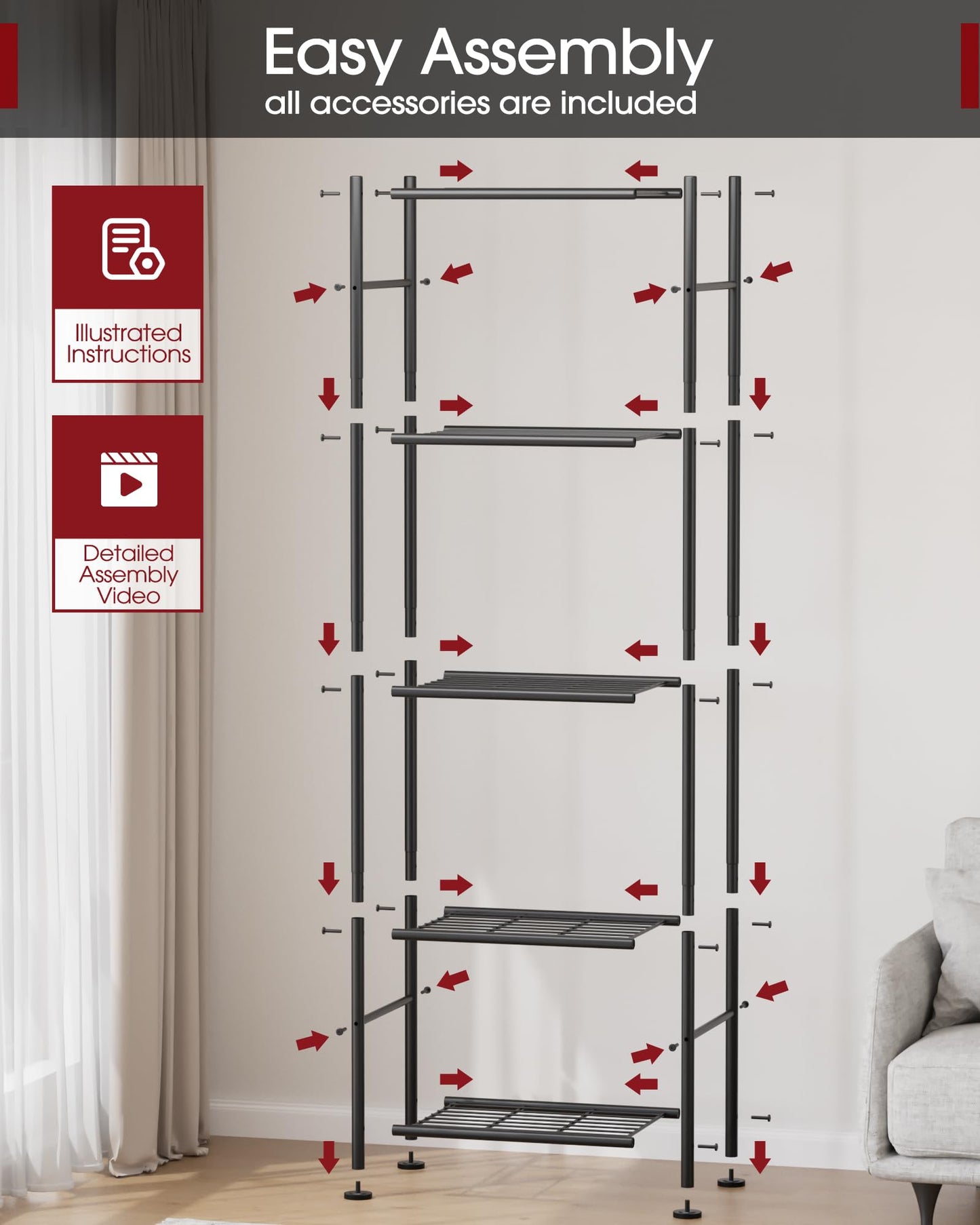 Sakugi Storage Shelves - 5 Tier Shelf Organizer, Sturdy Metal Garage Shelving with Adjustable Leveling Feet, Space-Saving Shelves Organizer for Pantry, Laundry, Kitchen (18" x 12" x 57", Black)