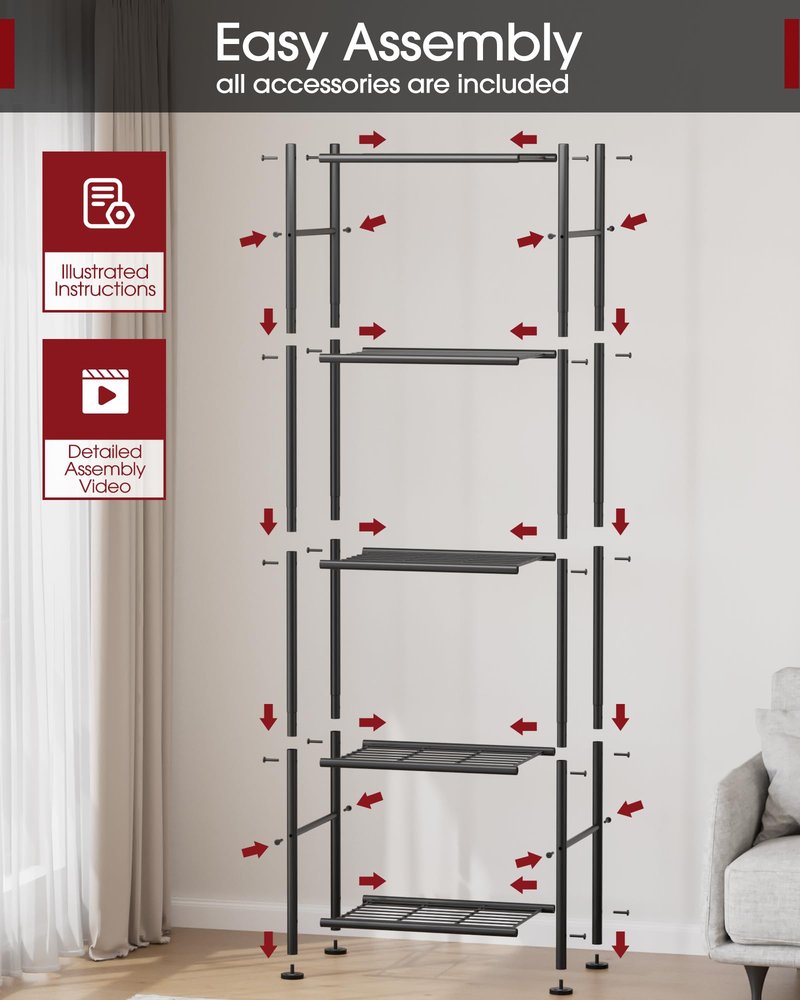Sakugi Storage Shelves - 5 Tier Shelf Organizer, Sturdy Metal Garage Shelving with Adjustable Leveling Feet, Space-Saving Shelves Organizer for Pantry, Laundry, Kitchen (18" x 12" x 57", Black)
