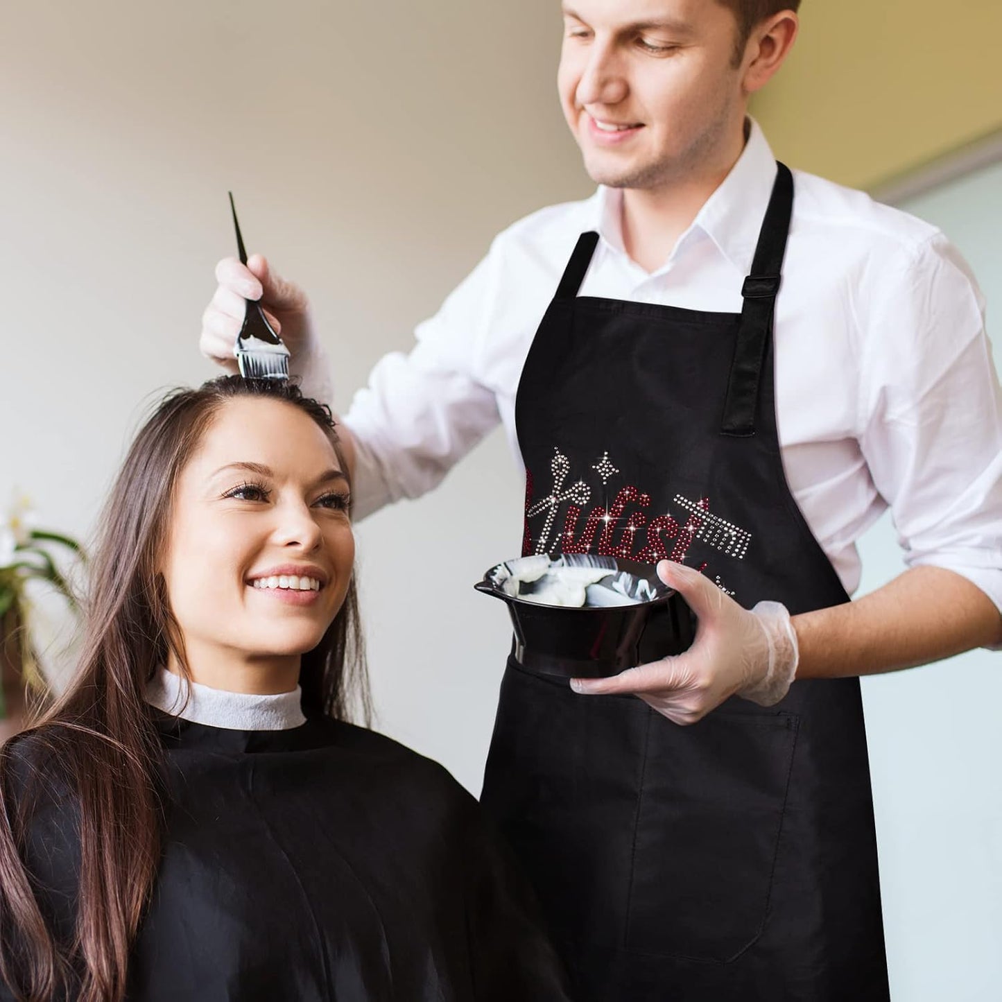 Coume 2 Pcs Hair Stylist Apron Hairstylist Salon Apron with Rhinestone Tools 3 Pockets Waterproof Hairdresser Barber