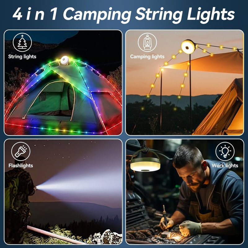 LEDLAY 33FT Camping String Lights, Rechargeable String Lights with 8 Modes, Waterproof Outdoor Lights with Delay Closure, Retractable Design & Hooks for Outdoor Patio Awning Garden Party Essentials