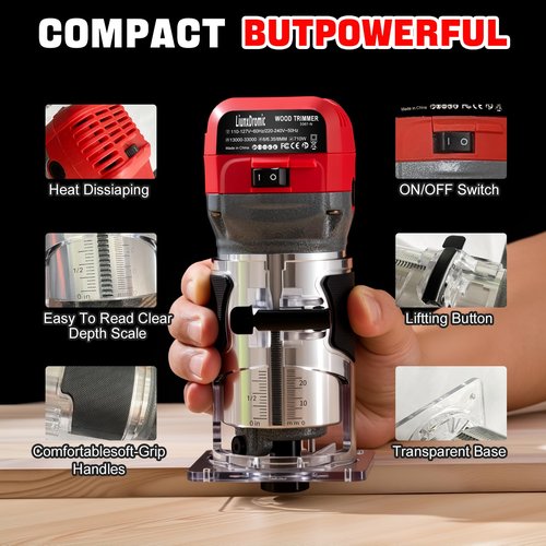 Router Tool 800W 13000-33000 RPM 6 Variable Speeds Wood Router for Woodworking Tools Compat Router Plunge Router Trim Router with 12pcs 1/4" Router Bits 31000r/Min 120V,Tool Box(US6)