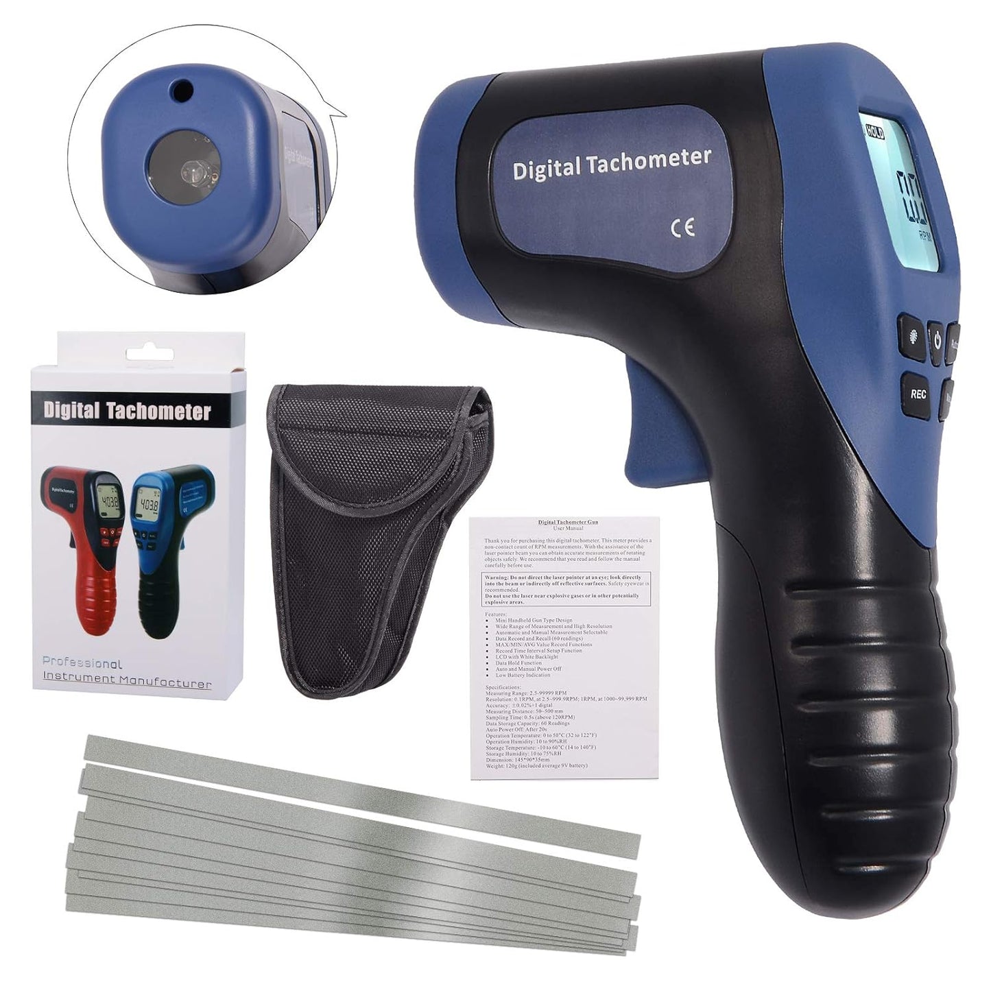 EHDIS Digital LCD Photo Tachometer Non-Contact RPM Meter Motor Speed Gauge Gun Style Includes 10 Reflective Tapes