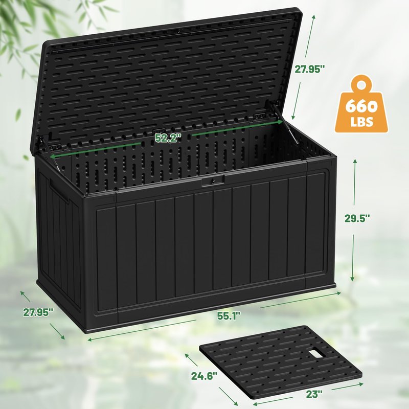 Devoko 160 Gallon Double-Wall Deck Box with Divider, Side Handles, HDPE Outdoor Large Storage Box Waterproof and Lockable for Patio Furniture, Garden, Pool (Black, 160 Gallon)