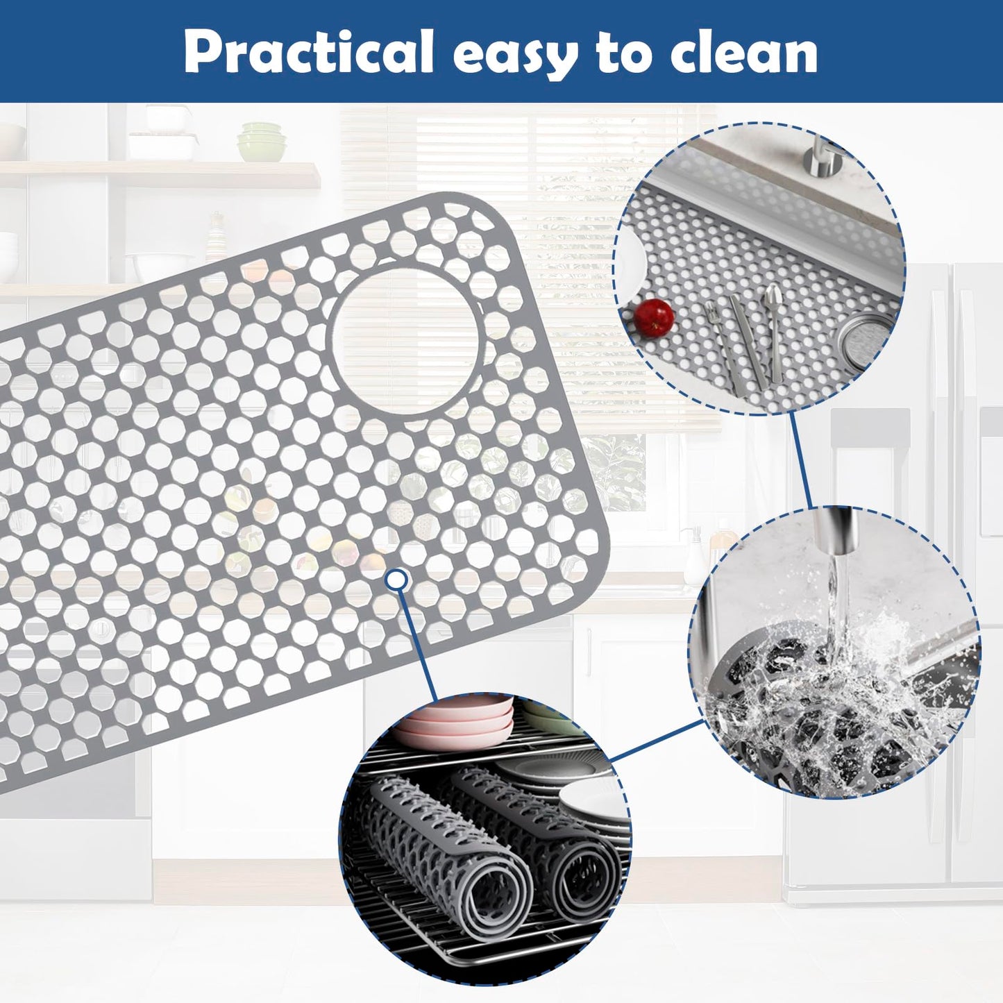 Kitchen Sink Silicone Protector - 28.4" by 14.3" Heat Resistant Non-Slip Silicone Sink Mat to Protect Stainless Steel Sink, Left and Right Drain (Gray)