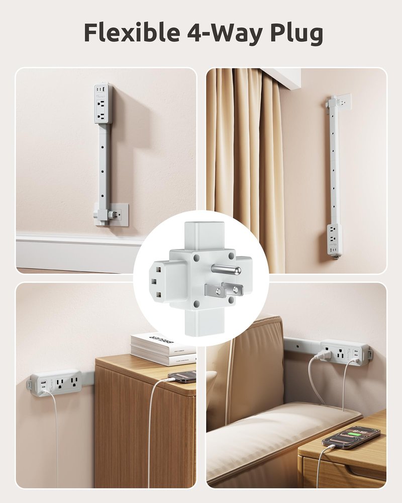 NUTICT Electrical Outlet Extender Stick, 2 AC Outlets & 2 USB-C & 1 USB-A Port, Flexible Extends 6"-34", Hide Behind Couches, Nightstands, Beds, Desks, Grey