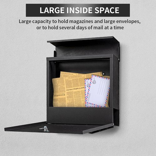 Yoocabinet Mailbox Wall Mount,Large Capacity Locking Mailbox for Outside,Galvanized Steel Cover and Rust-Proof Metal Post Box with Newspaper Holder,14.6"x14.6"x4.3" Black,MD025B