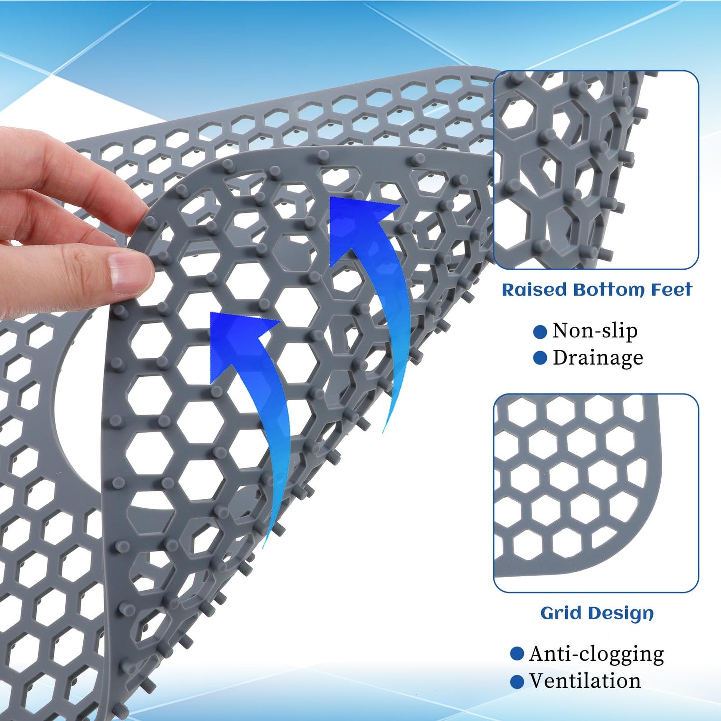 3pcs Grey Kitchen Sink Mats and Sink Saddle Set,13.38 X 11.4inch Non-Slip Heat Resistant Silicone Sink Mat Sink Bottom Grid Sink Divider Center Drain