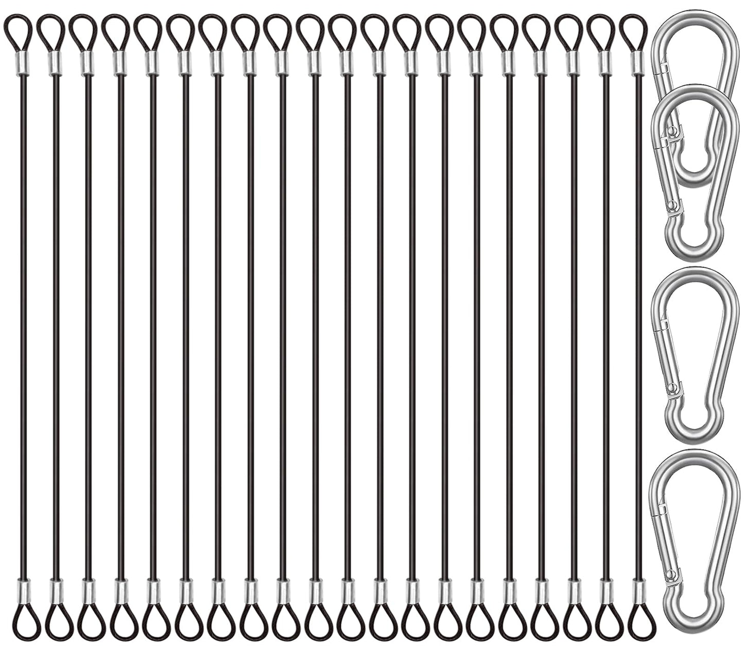 CKANDAY 20 Pack 6 Inch(15cm) Safety Stainless Steel Tethers with 4 Pcs Spring Snap Hook Clips, Steel Wire Cable with Loops Vinyl Cover Coated Short Rope Lanyard Lock Safety Tether Chains, Black