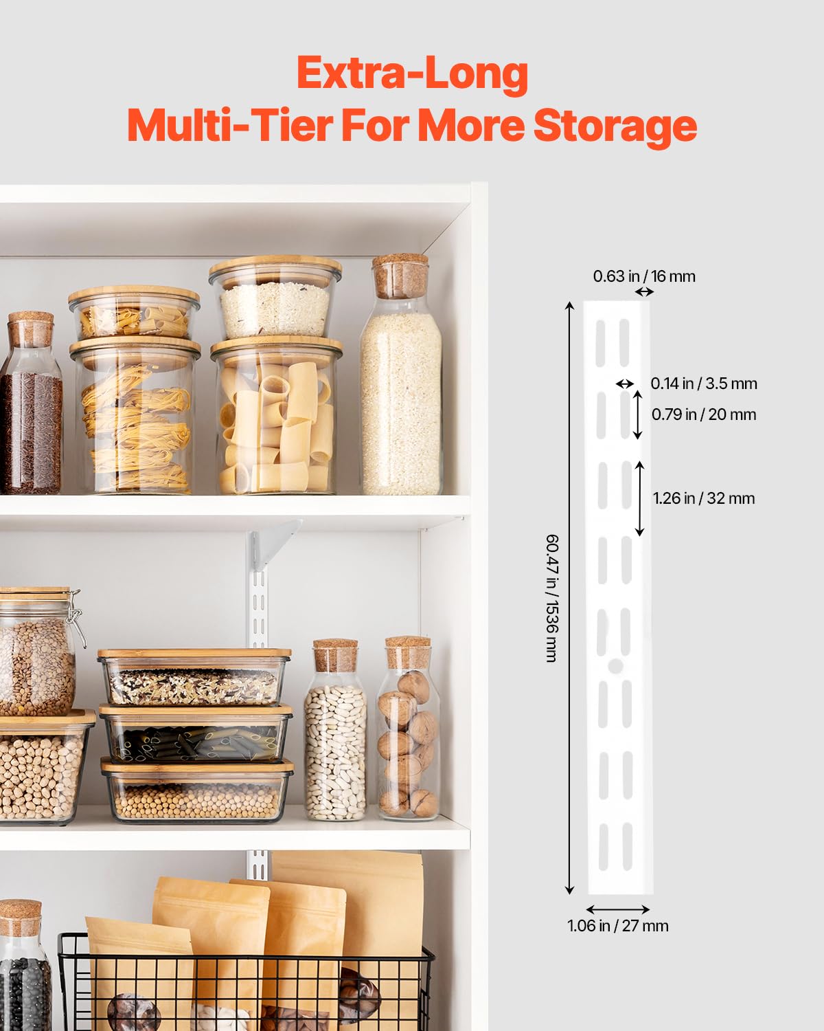 VEVOR Shelf Pilaster, 60-inch 5 Pack, Dual Track Upright Wall Shelving System, Heavy Duty Support System Twin Slot Shelf Rails, 25 Screws, Suitable for Cabinet Closet Organization Storage, Silver