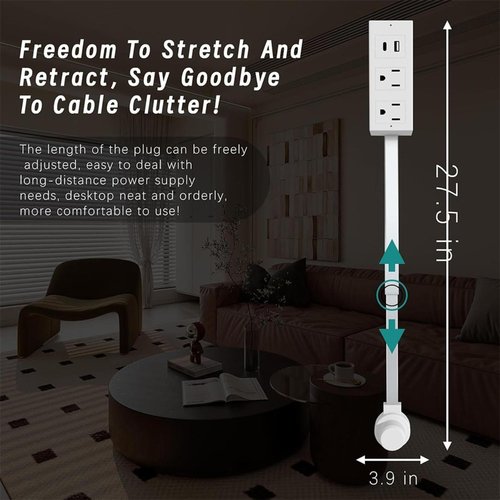 180° Rotating Extendable Wall Outlet – 44-70cm Adjustable Length, USB-A/USB-C + 2 AC Ports – Perfect for Behind Couches, Beds, and Desks in Home/Office Power Solution