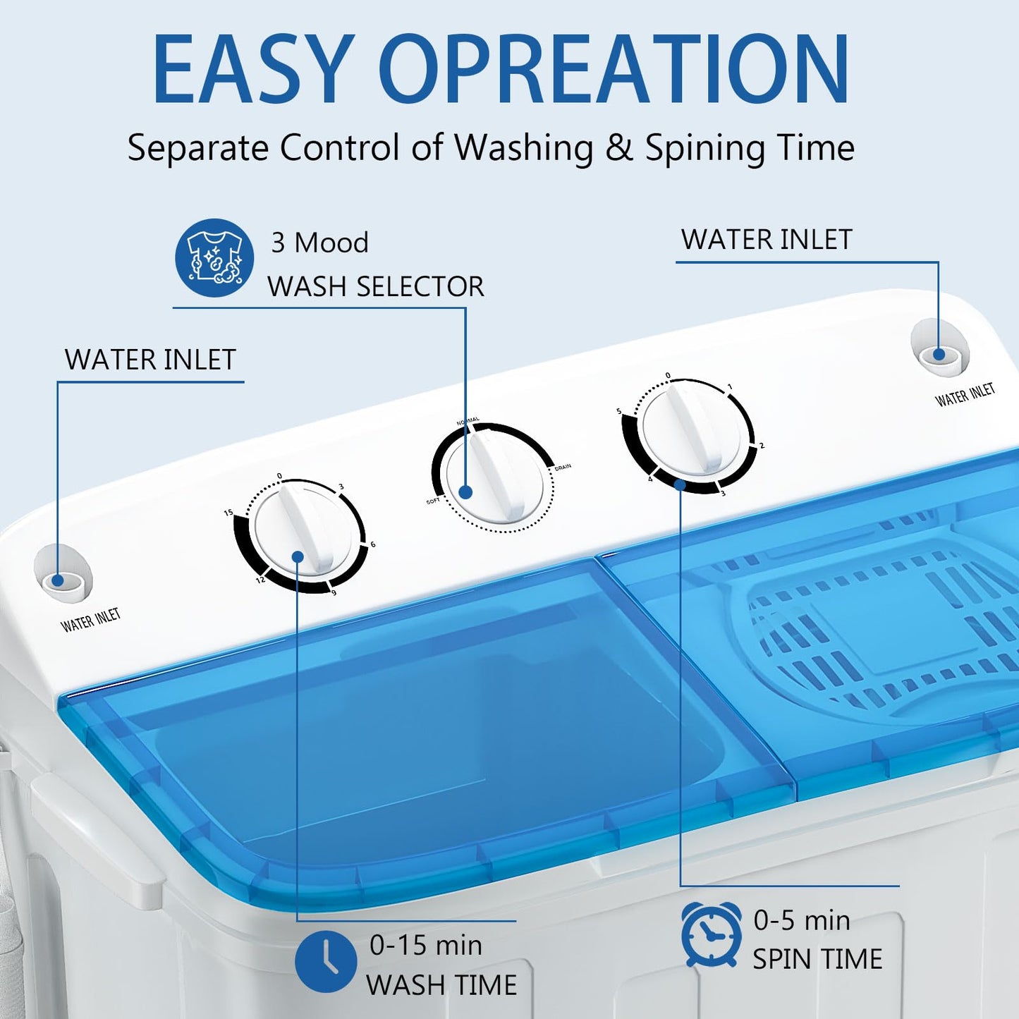 Stopsad Portable Mini Twin Tub 18Lbs Washing Machine with Drying Rack and 10 Hangers, Washer(11Lbs) and Spinner(7Lbs), Compact Laundry Washer for Apartments, Dorms(Blue)
