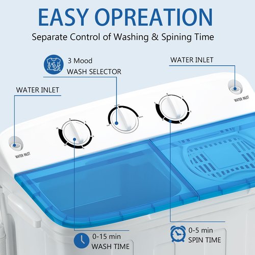 Stopsad Portable Mini Twin Tub 18Lbs Washing Machine with Drying Rack and 10 Hangers, Washer(11Lbs) and Spinner(7Lbs), Compact Laundry Washer for Apartments, Dorms(Blue)