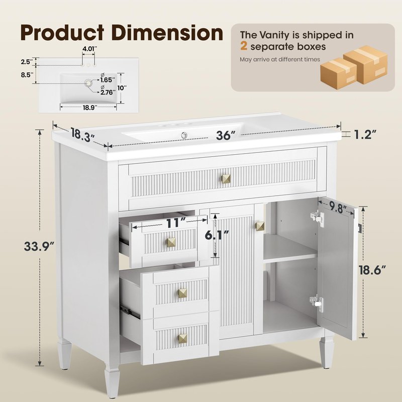 Alphabath 36 Inch Bathroom Vanity with Sink, Solid Wood Bathroom Cabinet with Nano Clean Integrated Sink, Soft Closing 2 Doors & 2 Drawers, Easy Assembly, Charcoal Blue