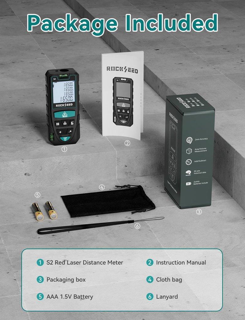 Laser Measure,RockSeed Digital Laser Distance Meter with 2 Bubble Levels,Portable M/in/Ft Unit Switching Backlit LCD and Measuring Distance/Area/Volume/Pythagorean