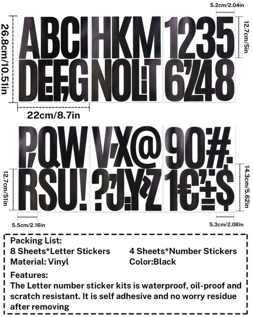 5 Inch Letter Stickers, 122 Pieces Self Adhesive Alphabet Number Sticker for Mailbox, Door, Truck and Outdoor, Waterproof Sticky Vinyl Symbol Stickers for DIY(12 Sheet Black)