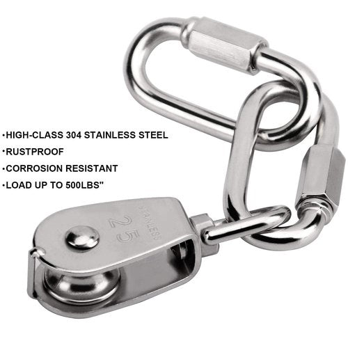 ZOENHOU 4 Pack 25MM Single Pulley Block Set with 6 Quick Links, M25 Stainless Steel Snatch Block System, Wire Rope Hanging Wire Towing Wheel for Lifting Cable, Loading 500Lbs
