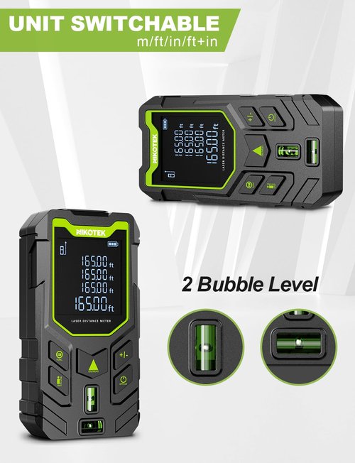 NIKOTEK Laser Measure, 165ft Laser Distance Meter with Bubble Levels and Black LCD Display for Pythagorean Mode, Measuring Distance, Area, Volume