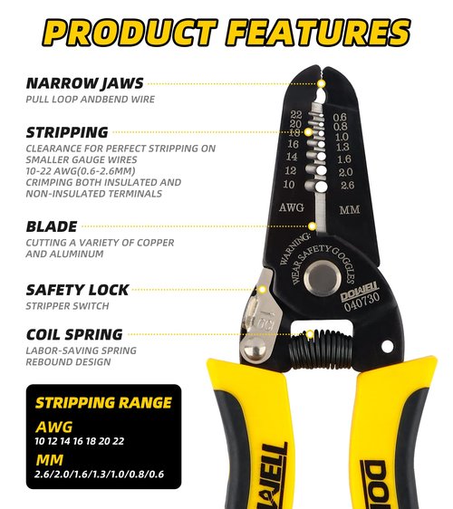 DOWELL 10-22 AWG Wire Stripper Cutter Wire Stripping Tool And Multi-Function Hand Tool,Professional Handle Design And Refined Craftsmanship.