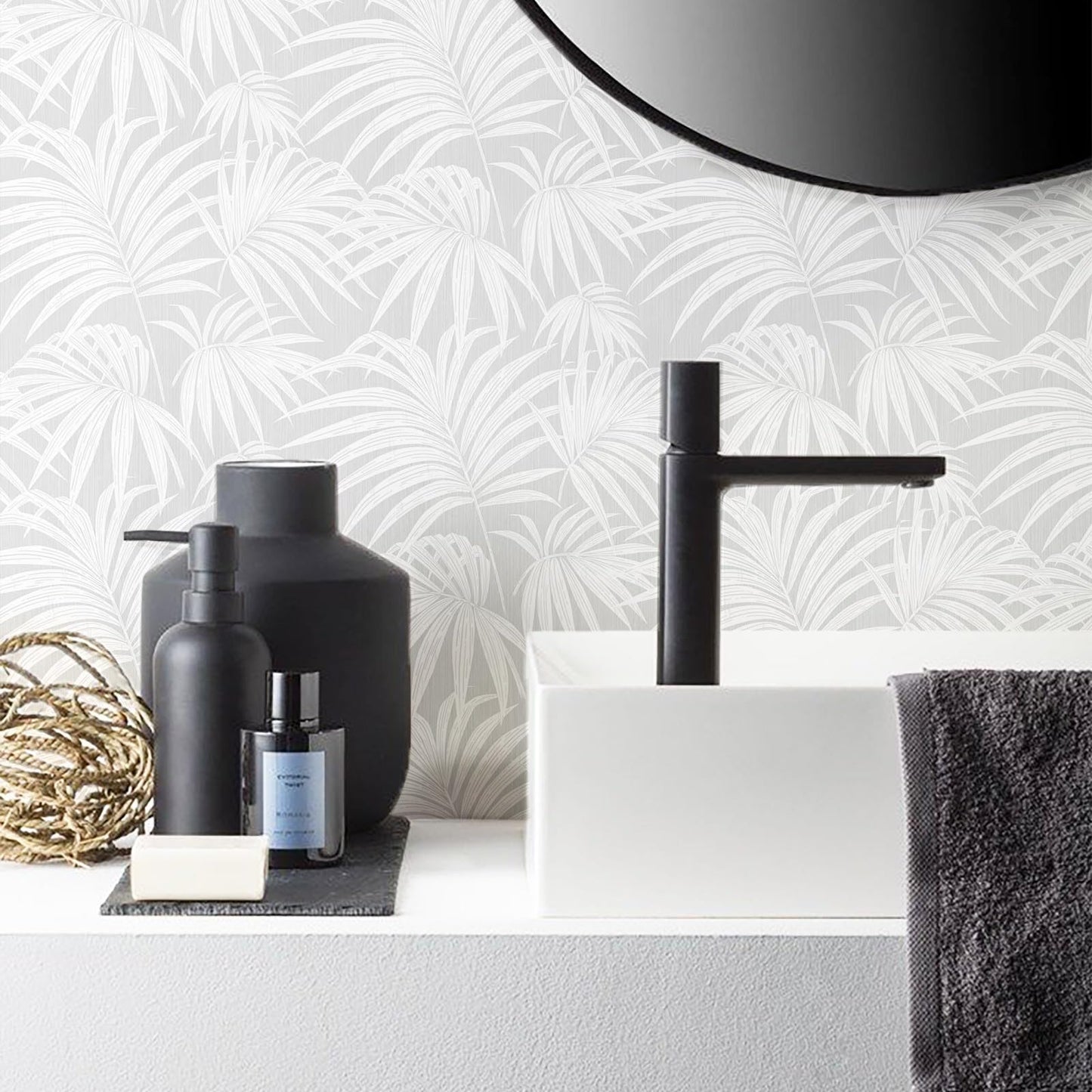 MelunMer Grey Leaf Peel and Stick Wallpaper Boho Gray Contact Paper Self Adhesive Wallpapers Removable Wallpaper for Bedroom/Bathroom Waterproof Modern Contact Paper for Cabinets Palm 197In L 17.3In W