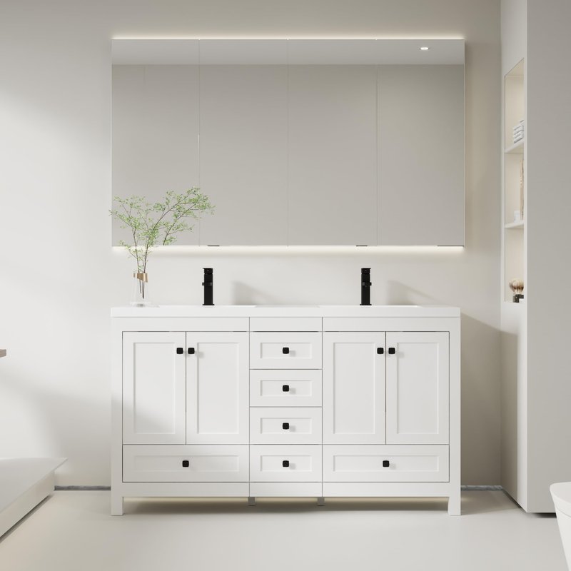 eclife 60" Bathroom Vanities with Sink Combo, Modern Thickened Wood Bathroom Storage Cabinet w/Undermount White Double Sink, Matte Black Faucet Drain, White