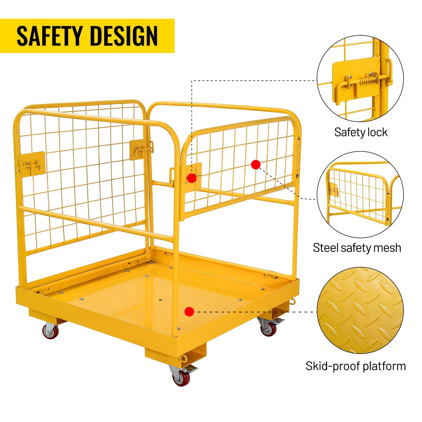 KODOM Forklift Safety Cage 36''x36'' Heavy Duty Steel Forklift Work Platform 1150LBS Capacity with 4 Universal Wheels Collapsible Lift Basket Aerial Rails Aerial Platform, Yellow